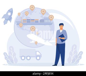 Concetto di servizio di consegna internazionale, sistema di trasporto globale, tracciamento delle navi, logistica collaborativa, traffico marittimo, tracciatore globale online, f Illustrazione Vettoriale