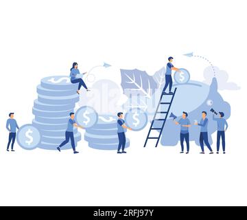 i servizi finanziari, i piccoli banchieri, sono impegnati nel lavoro, risparmiando o accumulando denaro, una scatola di monete con un’illustrazione moderna piatta e in calo Illustrazione Vettoriale