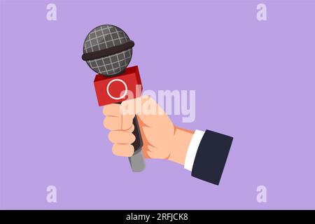 Stile piatto dei cartoni animati che disegna visivamente notizie globali, giornalismo, resoconto stampa dal vivo o intervista con microfono che tiene la mano e icona astratta dei media, log Foto Stock