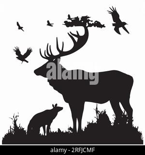 Silhouette Cervo nella foresta con la diversa illustrazione vettoriale della silhouette animale Illustrazione Vettoriale