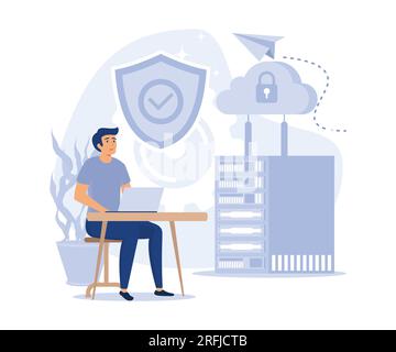 Sicurezza informatica, database, sicurezza informatica, controllo, protezione dei servizi informatici e delle informazioni elettroniche, illustrazione moderna a vettore piatto Illustrazione Vettoriale