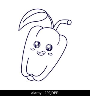 Carino cartoni animati con peperoni Kawaii illustrazione per bambini. Illustrazione grafica del contorno di alimenti e verdure. Personaggio di peperone, mascotte in stile Doodle. Libro da colorare per bambini Illustrazione Vettoriale