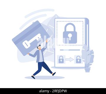 Sicurezza e verifica dell'identità, Smart ID card, sistema di apertura elettronico, videosorveglianza, illustrazione moderna a vettore piatto Illustrazione Vettoriale