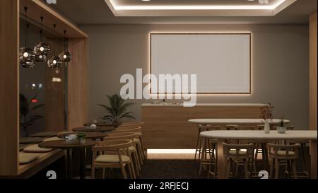 Design interno di una bella e lussuosa caffetteria o ristorante con posti a sedere di notte con splendide luci interne. rendering 3d, illustrazione 3d. Foto Stock