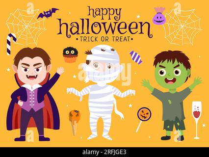Imposta l'illustrazione vettoriale di Halloween Elements con vari tipi di oggetti come fantasmi, zucche, teschi, caramelle e altri modelli di sfondo di cartoni animati Illustrazione Vettoriale