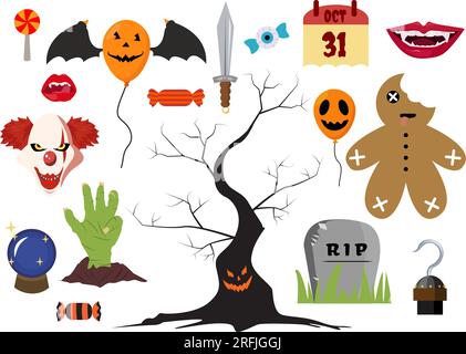 Imposta l'illustrazione vettoriale di Halloween Elements con vari tipi di oggetti come fantasmi, zucche, teschi, caramelle e altri modelli di sfondo di cartoni animati Illustrazione Vettoriale