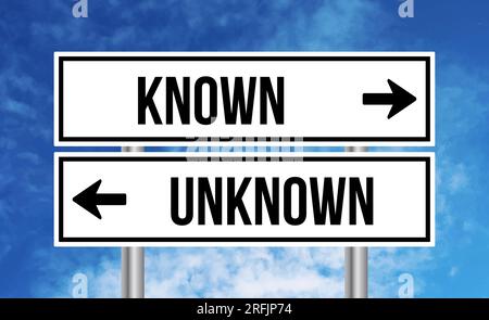 Segnale stradale noto o sconosciuto su sfondo cielo nuvoloso Foto Stock