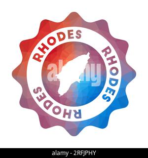 Logo Rhodes Low Poly. Colorato logo di viaggio sfumato dell'isola in stile geometrico. Segno arrotondato poligonale Rhodes multicolore con mappa per la tua inf Illustrazione Vettoriale