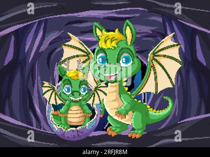 Un cartone animato raffigurante un piccolo drago che si schiude da un uovo sullo sfondo di una grotta Illustrazione Vettoriale