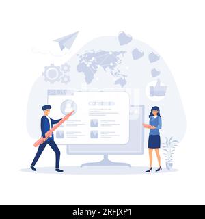 Autore di contenuti. Concetto di creazione di articoli di blog con i personaggi delle persone. attività di lavoro freelance e marketing a vettore piatto illustrazione moderna Illustrazione Vettoriale