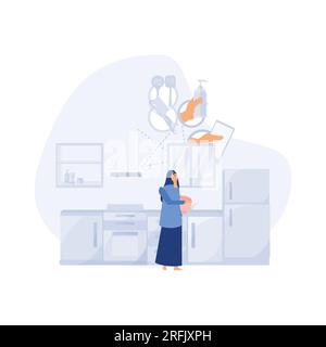 Una donna che gestisce l'equilibrio tra vita familiare, lavoro in casa e carriera aziendale. illustrazione moderna a vettore piatto Illustrazione Vettoriale