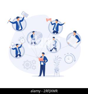 Uomo d'affari felice con capacità multitasking seduto al suo notebook con icone dell'ufficio sullo sfondo. concetto di gestione del tempo e produttività. flat ve Illustrazione Vettoriale