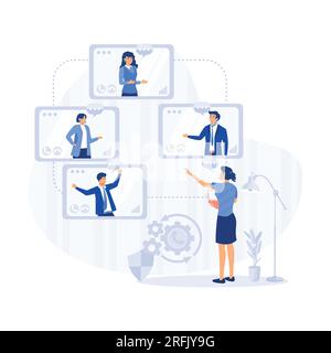 Videoconferenza. Gruppi di persone sullo schermo del computer che prendono con i colleghi. Concetto vettoriale di videoconferenza e comunicazione online, modulo vettoriale piatto Illustrazione Vettoriale