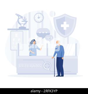 Receptionist dell'ospedale che dà informazioni sull'anziano, check-in per appuntamento, vettore piatto illustrazione moderna Illustrazione Vettoriale