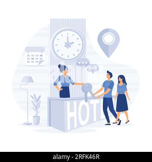 Scena dell'hotel con due che fanno il check-in. Uomo e donna al banco della reception con i bagagli, addetto alla reception che dà la chiave dalla camera. illustrati moderni a vettore piatto Illustrazione Vettoriale