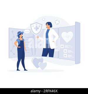 Concetto di consulenza medica online e servizi di supporto. Servizio di telemedicina e-Health. illustrazione moderna a vettore piatto Illustrazione Vettoriale