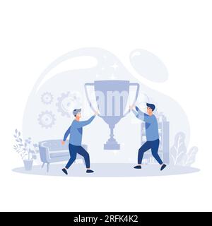 Illustrazione del concetto di team di successo, le persone piccole celebrano il successo con un grande calice, un'illustrazione moderna a vettore piatto Illustrazione Vettoriale