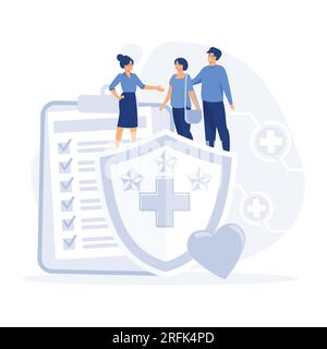 Concetto di assicurazione sanitaria. Grande clipboard con documento su IT, sanità, finanza e servizi medici, illustrazione moderna vettoriale piatta Illustrazione Vettoriale