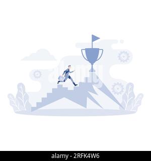 Uomo d'affari che salta sul grafico per raggiungere il traguardo.Trofei sulla montagna, illustrazione vettoriale piatta moderna Illustrazione Vettoriale