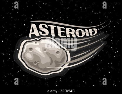 Illustrazione vettoriale di asteroidi, poster astronomico orizzontale con asteroide di roccia, stampa cosmo con meteorite futuristica nello spazio profondo Illustrazione Vettoriale