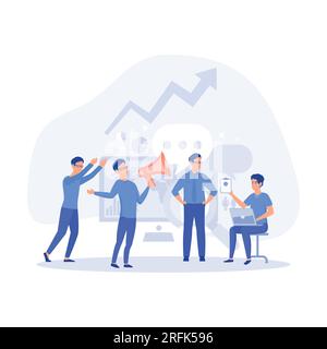 Persone lavoratori personaggi dei cartoni animati alla ricerca di nuove idee e decisioni che portano la carriera al successo pieno di pensieri e idee illustrazione, veicolo piatto Illustrazione Vettoriale