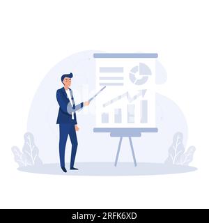 uomo d'affari che presenta un business plan isolato su sfondo bianco, illustrazione moderna a vettore piatto Illustrazione Vettoriale