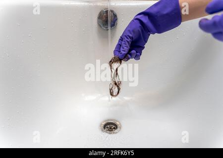 una mano in un guanto di gomma viola tira i capelli fuori dallo scarico della doccia dopo lo shampoo. Il problema della caduta dei capelli. Intasamento del bagno con capelli e indumenti Foto Stock