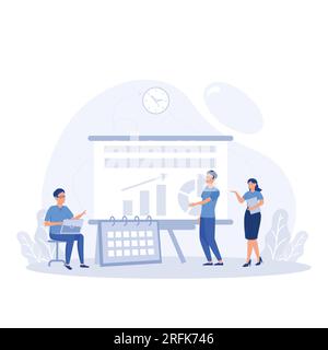 Le persone lavorano insieme per creare un piano su una lavagna, contrassegnare le attività, monitorare l'esecuzione delle attività. Processo di lavoro, comunicazione del lavoro di squadra, illus moderno a vettore piatto Illustrazione Vettoriale