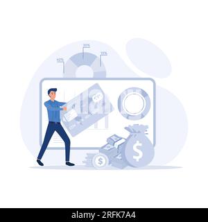 Man gestisce le finanze personali su conti personali, effettua transazioni, analizza i dati bancari, illustra in modo moderno i vettori Illustrazione Vettoriale
