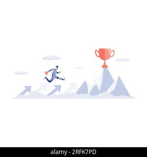 Uomo d'affari che salta sul grafico per raggiungere il goal. Trofei in montagna, illustrazione moderna a vettore piatto Illustrazione Vettoriale