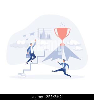 Startup business to success, uomo d'affari che salta sul grafico per raggiungere l'obiettivo. Trofei in montagna, illustrazione moderna a vettore piatto Illustrazione Vettoriale