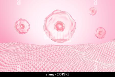 Cellule galleggianti su sfondo rosa, trattamento della pelle, concetto di biologia e medicina, rendering 3D. Disegno digitale. Foto Stock