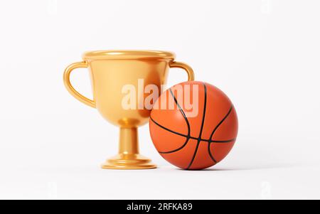 Trofeo cartoni animati e basket su sfondo bianco, rendering 3D. Disegno digitale. Foto Stock