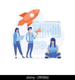 Servizio di marketing professionale, team di marketing, networking mondiale, illustrazione moderna a vettore piatto Illustrazione Vettoriale