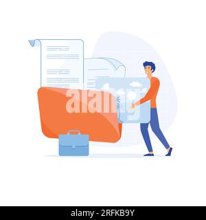 indicizzazione del concetto di informazione, un impiegato d'affari aggiunge file a grandi cartelle, a vettore piatto e a figura moderna Illustrazione Vettoriale