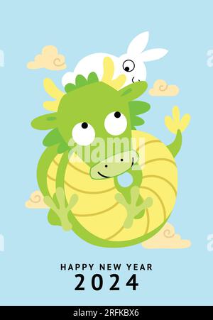 Carino drago con carta animali zodiacali di coniglio. Anno del drago 2024 dopo anno del coniglio 2023. Ciclo zodiaco cinese. Illustrazione Vettoriale