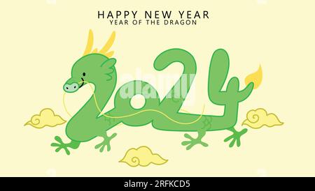 Carino anno del drago 2024 illustrazione biglietto d'auguri, drago asiatico con forma numerica, 2024 célébration del capodanno lunare. Illustrazione Vettoriale