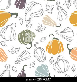 Motivo autunno senza cuciture di zucca. Sfondo con zucche e foglie per il Ringraziamento. Stampa stagionale autunnale per tessuti, imballaggi, design, vettoriali Illustrazione Vettoriale