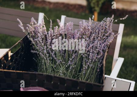 Mazzi di lavanda fresca e sacchetti con lavanda secca sul tavolo Foto Stock