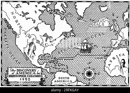 The Discovery of America di Cristoforo Colombo, 1492. Una mappa che traccia il viaggio di Cristoforo Colombo nelle Americhe. Foto Stock