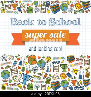 Doodle torna a scuola poster super vendita. Illustrazione vettoriale. Illustrazione Vettoriale