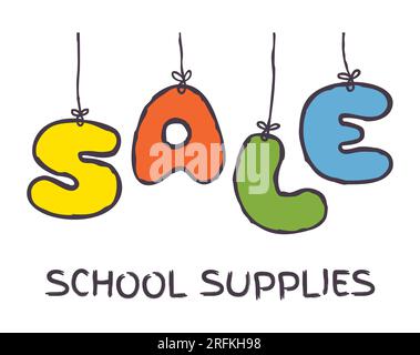 Banner di vendita Doodle Back to School. Lettere disegnate a mano. Concetto di vendita forniture scolastiche lettering isolato su sfondo bianco. Illustrazione vettoriale Illustrazione Vettoriale