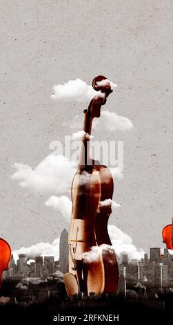 Design creativo con violino su sfondo urbano monocromatico. Collage d'arte contemporanea. Layout verticale Foto Stock