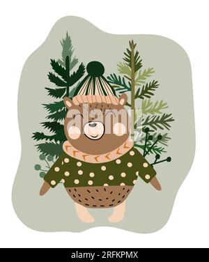 Poster natalizio con graziosi orsi forestali, alberi invernali, frutti di bosco. Animali boschivi. Perfetto per Web, banner, cartoline, poster. Illustrazione vettoriale Illustrazione Vettoriale