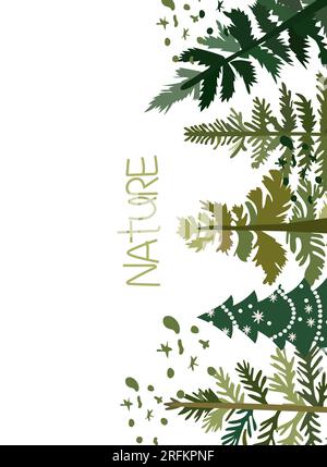 Collezione vettoriale di alberi di Natale. Sfondo invernale minimale con alberi verdi. Simboli natalizi perfetti per il web, lo striscione, il biglietto da visita. Vettore. Illustrazione Vettoriale