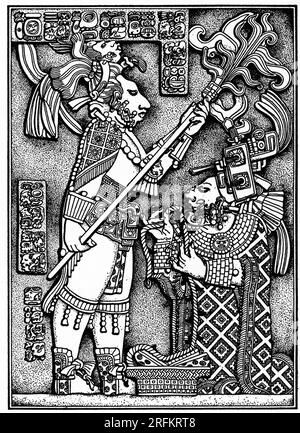 Un'illustrazione dell'architrave 24. Una scultura di pietra calcarea Maya di Yaxchilan, Chiapas, Messico, c1885. Dopo Desire Charnay (1828-1915), l'architrave risale al 723-726 d.C. circa, collocandolo all'interno del periodo tardo Classico Maya. Raffigura il sovrano di Yaxchilan, Itzamnaaj Bahlam III (647-742) e la sua consorte Lady K'abal Xoc, che esegue una cerimonia di salasso. Foto Stock