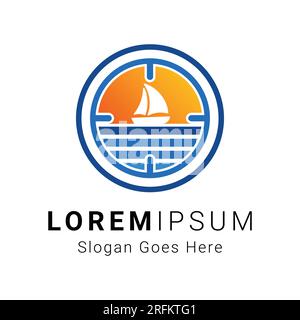 Moderno tramonto in barca a vela con modello vettoriale con logo bussola in mare Illustrazione Vettoriale