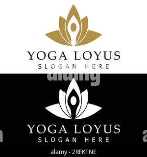 Fiore di loto Yoga di lusso con logo di postura Human Yoga Illustrazione Vettoriale