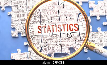 Le statistiche vengono esaminate attentamente insieme a molteplici concetti e idee direttamente correlate alle statistiche. Molte parti di un puzzle ne formano uno, connesso Foto Stock