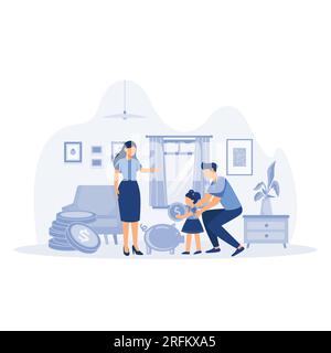concetto di risparmio economico. Padre e madre insegnano ai bambini a risparmiare denaro, gestione finanziaria. illustrazione moderna a vettore piatto Illustrazione Vettoriale